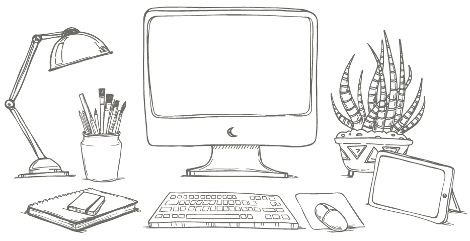 Zeichnung von einem Schreibtisch mit Monitor, Stiften und Pflanzeer
