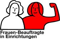 Logo Frauenbeauftragte in Einrichtungen: 2 Frauen, eine starke Frau winkelt den Arm an
