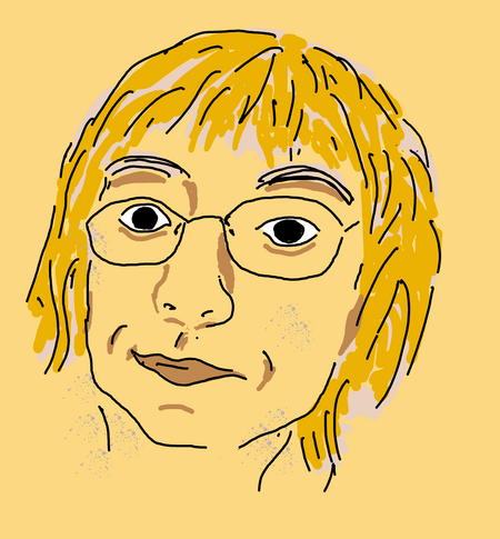 Strich-Zeichnung: Gesicht mit kantigem Kinn und großen Augen. Buschige Augenbrauen. Die Haare sind hell und kinnlang, etwas verstubbelt. Brille aus dünnem Drahtgestell. Der Blick neugierig/abwartend.