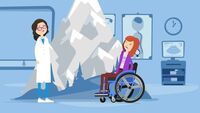 Comicfiguren: Eine Ärztin und eine junge Frau im Rollstuhl vor einem hohen Berg mitten im Untersuchungszimmer