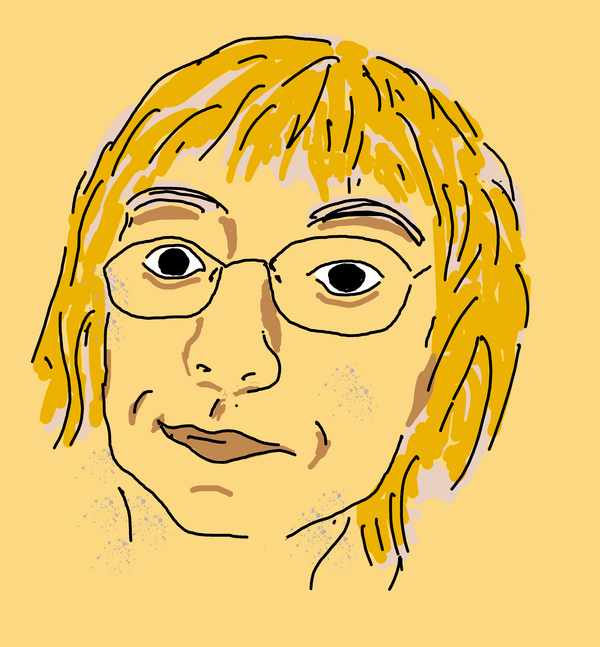 Strich-Zeichnung: Gesicht mit kantigem Kinn und großen Augen. Buschige Augenbrauen. Die Haare sind hell und kinnlang, etwas verstubbelt. Brille aus dünnem Drahtgestell. Der Blick neugierig/abwartend.