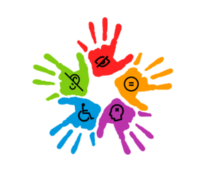 Zeichnung: Abdruck von 5 gespreizten Hände in 5 Farben, im Kreis angeordnet. In jeder Handfläche ein Symbol für - Sehbehinderung, Neurodiversity, kognitive Beeinträchtigung, Mobilitätseinschränkung, Hörbehinderung