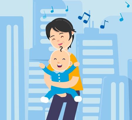 Comiczeichnung: eine junge Frau hält ein fröhliches Baby auf dem Arm. Die Frau lächelt mit geschlossenen Augen. Musiknoten fliegen durch die Luft. Im Hintergrund Hochhäuser