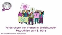 Startbild vom Video "Forderungen von Frauen in Einrichtungen. Foto-Aktion zum 8. März" von Starke.Frauen.Machen. mit Zeichnung einer Frauen-Demo