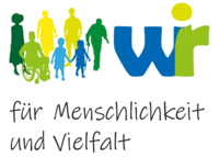 Logo: Silhouette Menschengruppe mit Schrift: Wir für Menschlichkeit und Vielfalt
