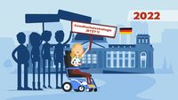 Comicfigur junge blonde Frau im E-Rollstuhl mit Demo-Schild: Gewaltschutzstrategie jetzt!