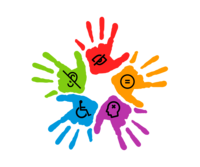 Zeichnung: Abdruck von 5 gespreizten Hände in 5 Farben, im Kreis angeordnet. In jeder Handfläche ein Symbol für - Sehbehinderung, Neurodiversity, kognitive Beeinträchtigung, Mobilitätseinschränkung, Hörbehinderung