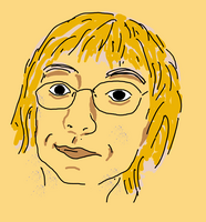 Strich-Zeichnung: Gesicht mit kantigem Kinn und großen Augen. Buschige Augenbrauen. Die Haare sind hell und kinnlang, etwas verstubbelt. Brille aus dünnem Drahtgestell. Der Blick neugierig/abwartend.