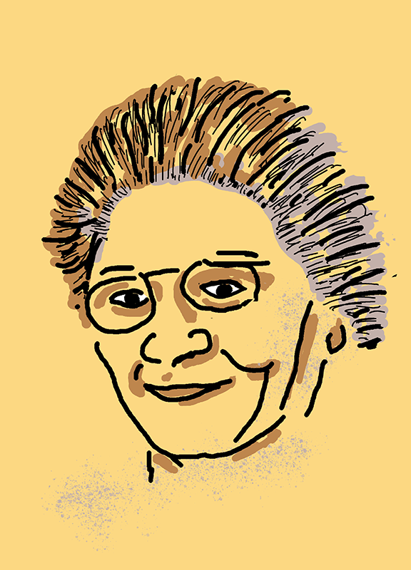 Strich-Zeichnung: Ein eher breites, markantes Gesicht, die Haare streng aus der Stirn nach hinten gekämmt. Sie trägt eine Brille mit schmalem Rand. Um den Mund sind Grübchen und die Augen blitzen ein wenig verschmitzt.