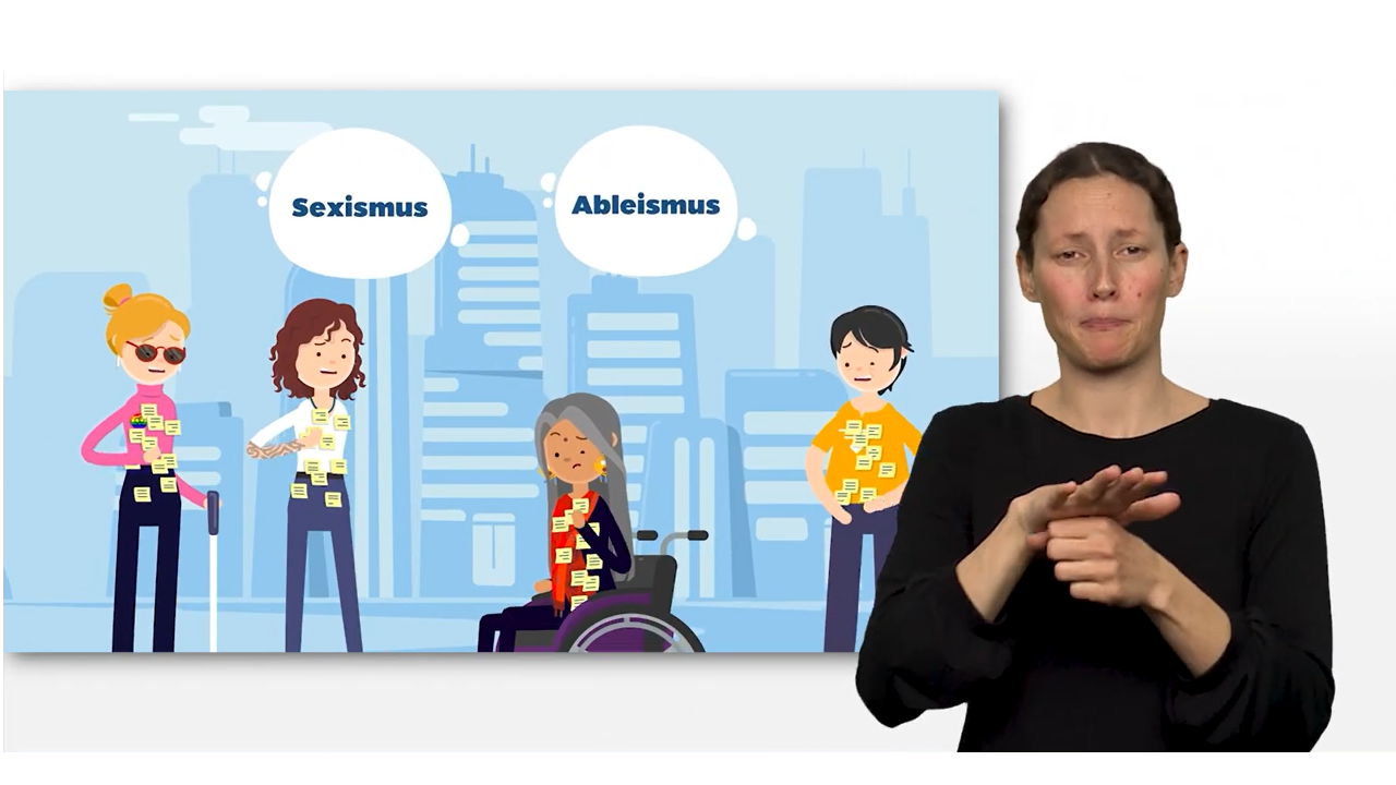 Comiczeichnung: 4 Frauen mit unterschiedlichen Beeinträchtigungen versuchen angwiedert Klebezettel von ihren Pullovern zu entfernen. Über ihnen Sprechblasen mit den Worten: Sexismus und Ableismus, im Vordergund  eine Gebärdensprachdolmetscherin