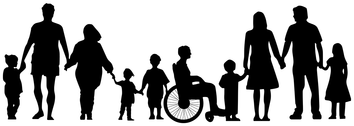 Grafik: Umrisse von diversen Menschen mit und ohne Rollstuhl